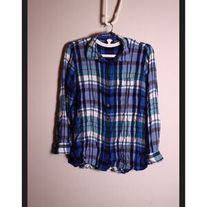 Talbots Petite Blue Plaid Button Up Shirt Medium Rayon
